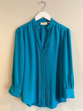 Moulinette Soeurs Anthropologie Teal Pintuck Blouse Size 6 Silver Ball Buttons